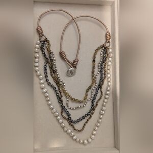 LIZOU Rare Silver Plated Freshwater Pearl, Dragon Vein Agate & Pyrite Corded Nec